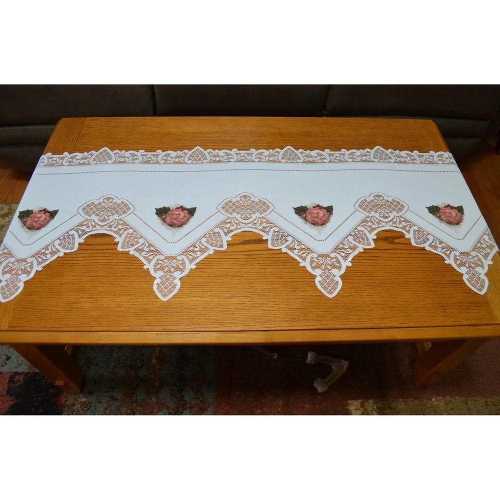 White Lace Table Runner With Pink Flowers Classic 88